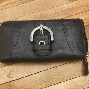 Coach Black Leather Zip Wallet with Silver Buckle black and silver